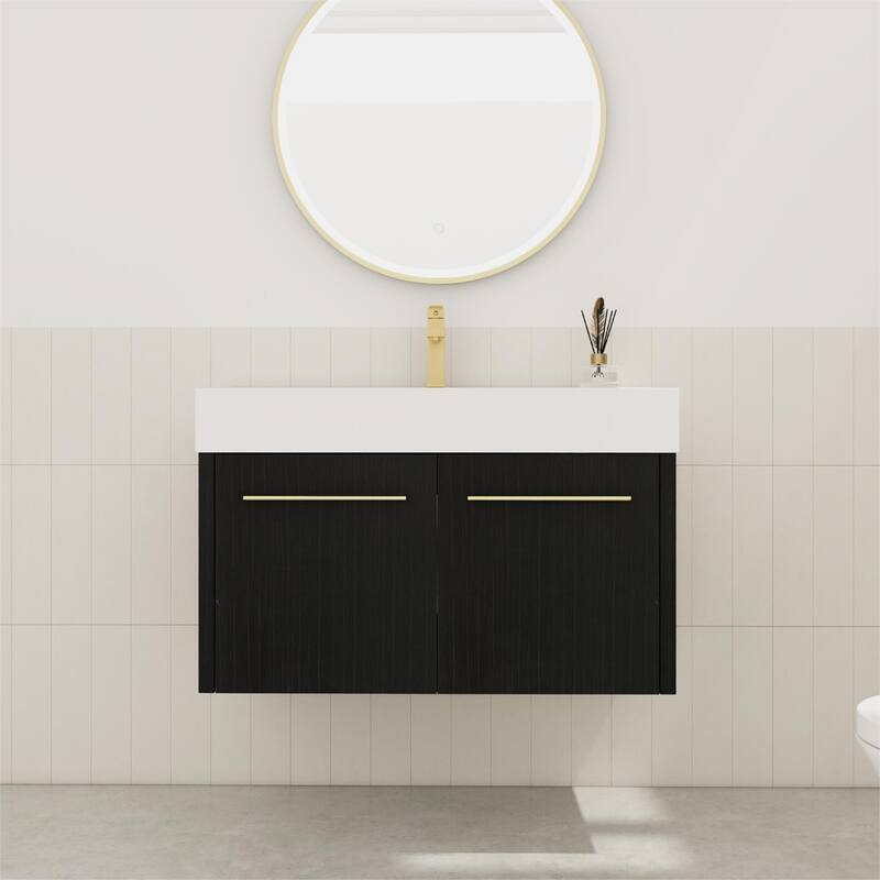 Bathroom Vanity With Sink In 24/30/36 Inch, Floating Bathroom Vanity with Soft Close Door - 35.4"W x 18.1"D x 22.4"H - Black Chestnut