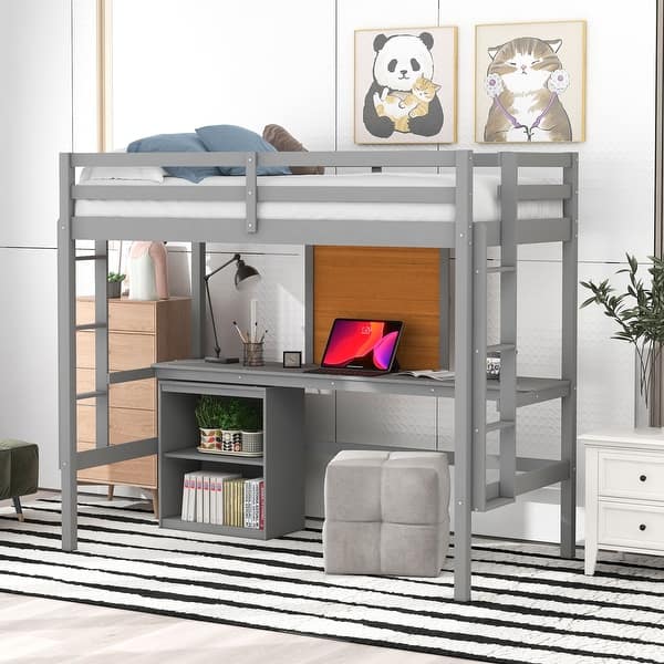 slide 2 of 9, Gray Pine Wood Loft Bed with Desk and Cabinet, Writing Board, Full-Length Guardrail Twin - Gray