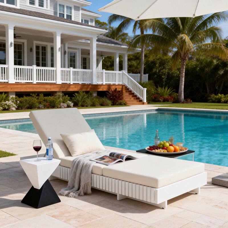Christopher Knight Home - Kim Lounge Chaise Modern Outdoor Wooden Set with Triple-Fold Lounge Cushion - White Chaise_Cream Cushion+Single