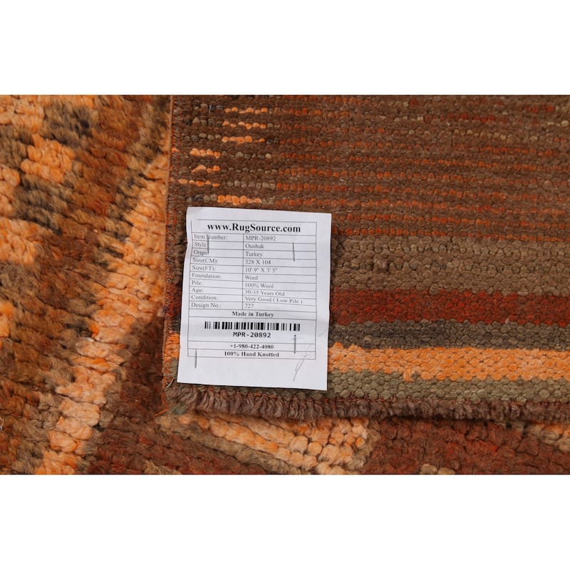 Brown Oushak Turkish Vintage Runner Rug Hand-Knotted Wool Carpet - 3'5"x 10'9"