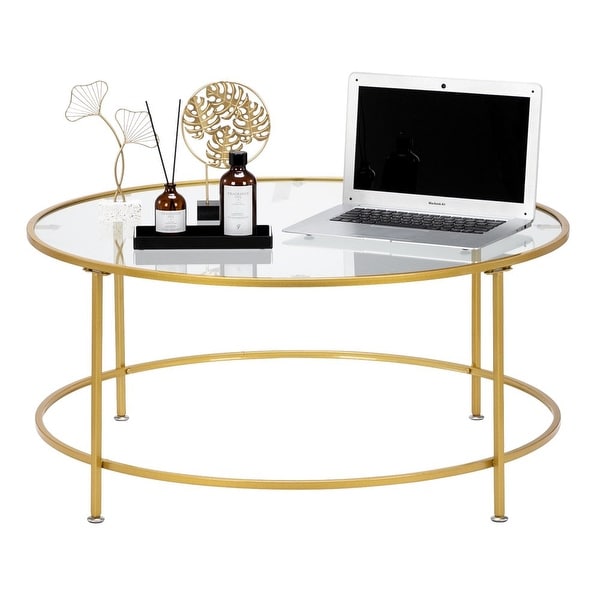 Modern 36" 2 Layers 5mm Glass Top Round Coffee Table Golden. Opens flyout.