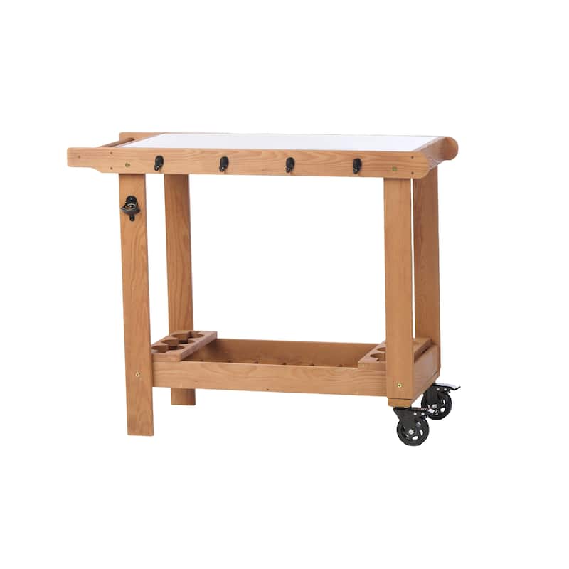 Outdoor Wooden Garden Cart Table with Wheels, Metal Top and Storage Hook, for Patio Backyard Garden