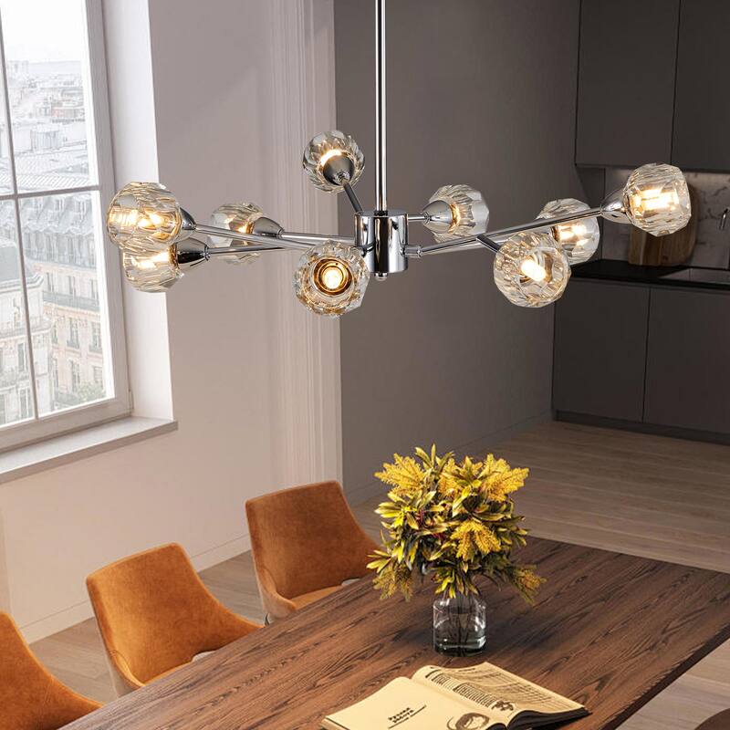Anmytek 28" Modern Crystal Chandelier Chrome 9-Light Pendant Lighting for Dining Room Living Room - 28 Inch