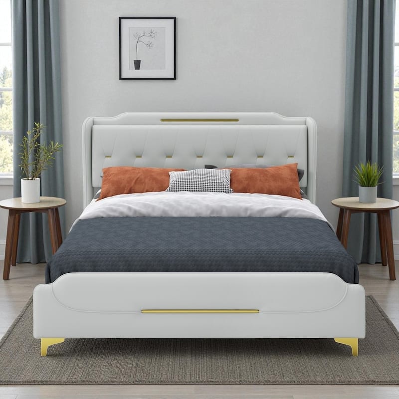 Queen/King PU Leather Upholstered Platform Bed with Wingback Headboard & Footboard, Gold Metal Accents and Wooden Slats - Grey - King