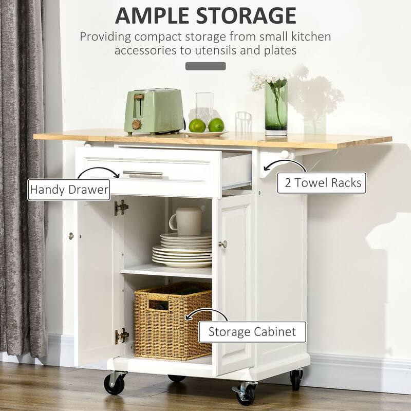 Modern Kitchen Island Drop Leaf Trolley Cart with Wheels 1 Drawer, 1 Door Cabinet and 2 Towel Racks, for Kitchen