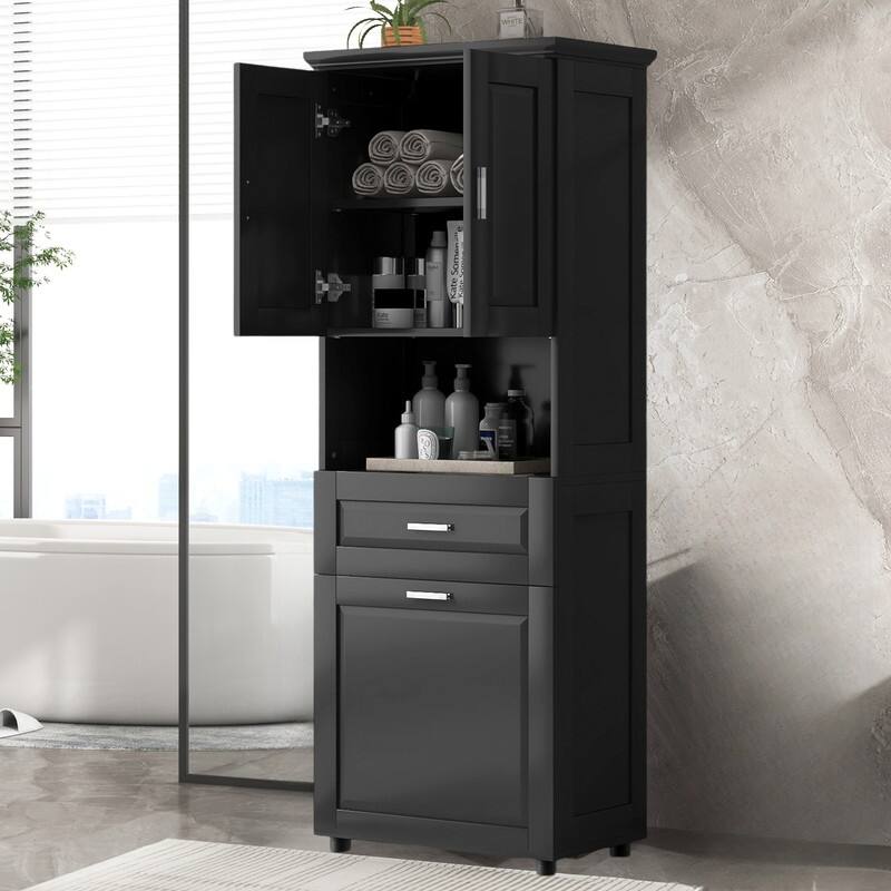 Tall Tilt Out Laundry Hamper Cabinet With Drawer Bathroom Storage Cabinet Shelf With Multiple Storage Space