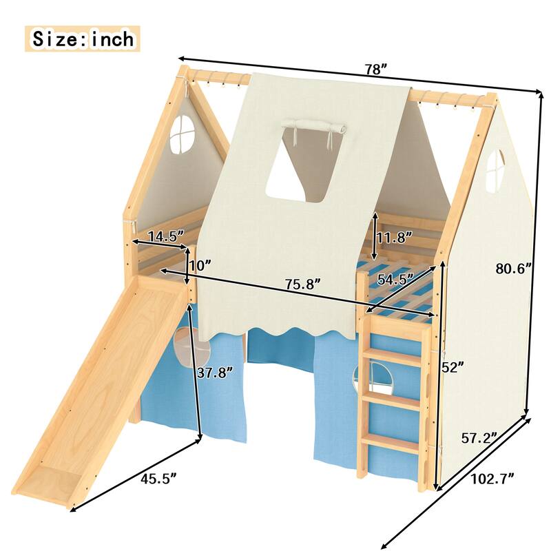Roomfitters House Loft Bed with Slide and Tent, Solid Wood Frame with Lights