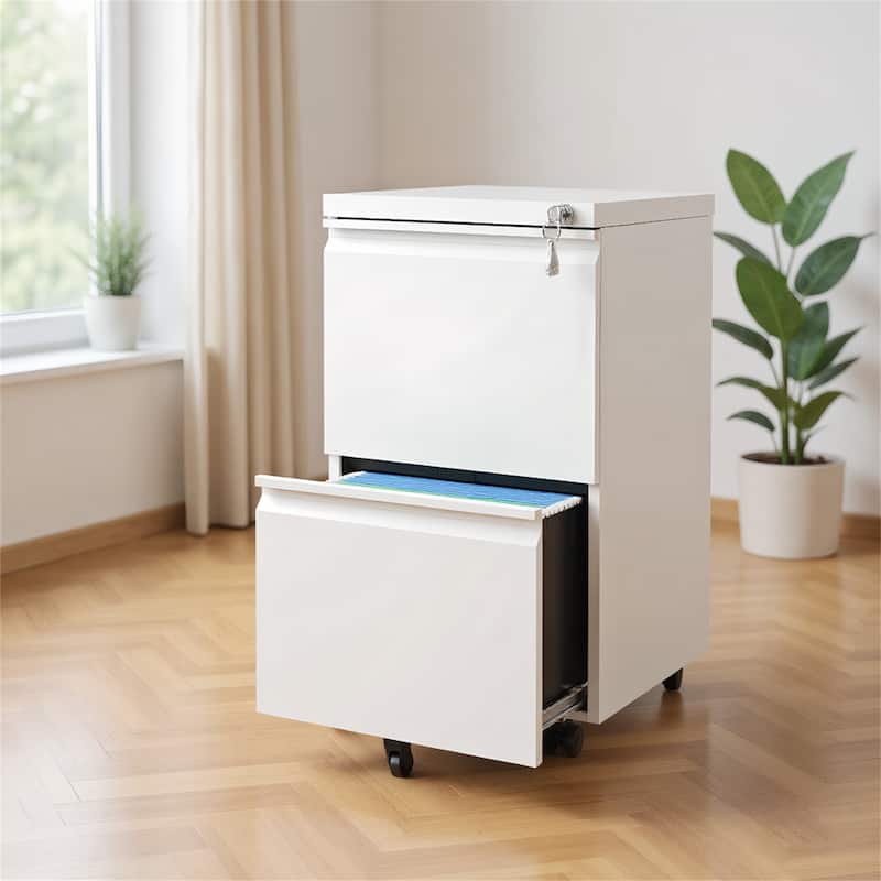 2 Drawer Metal Mobile File Cabinet, Rolling File Cabinet with Lock - White