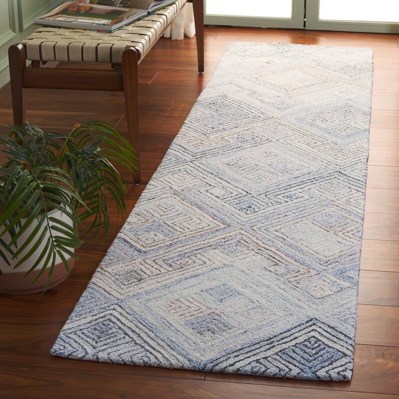 SAFAVIEH Handmade Micro-Loop Marinela Geometric Wool Rug - 2'3" x 9' Runner - Natural/Grey