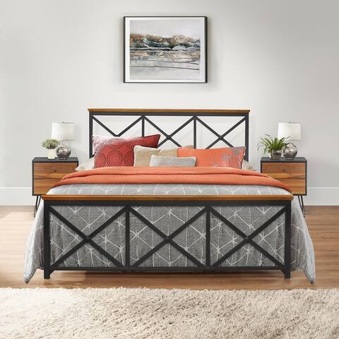 Hillsdale Furniture Ashford Triple X Design Metal Bed with Wood Accent, Textured Black with Oak Finished Wood