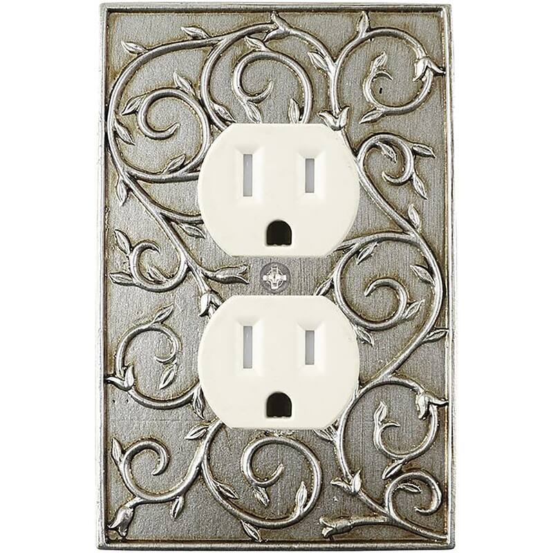 Meriville French Scroll Electrical Outlet Wall Plate Cover, Hand Painted - Aged Silver