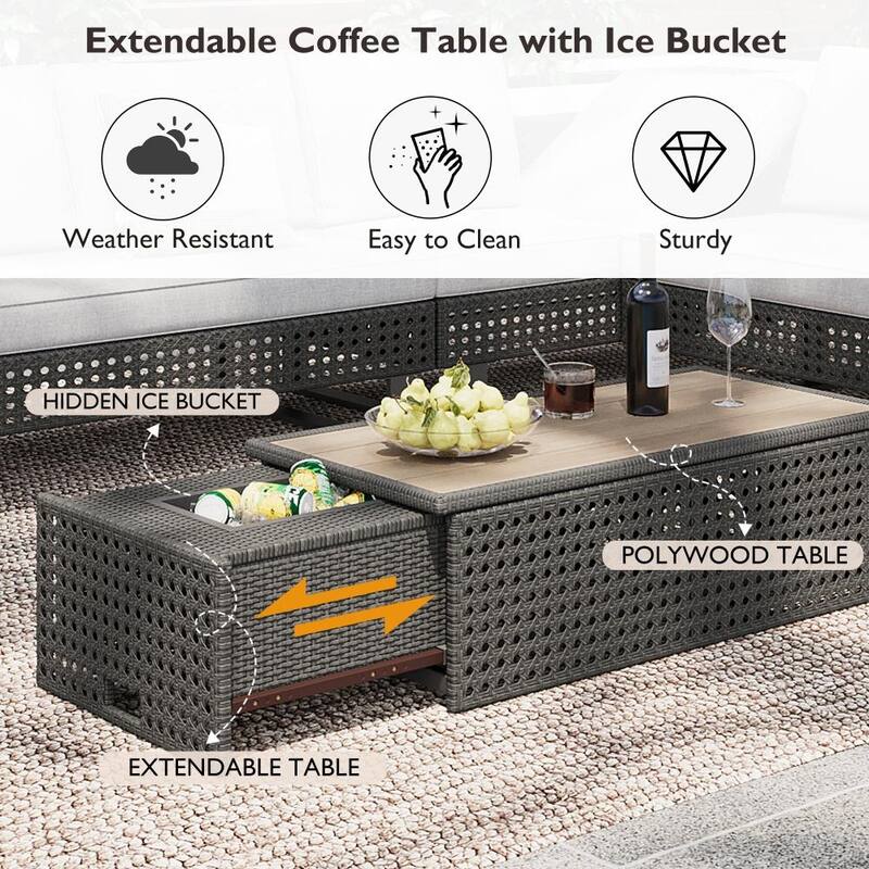 5-Piece Weave Patio Sectional Furniture Set with Extendable Coffee Table with Ice Bucket