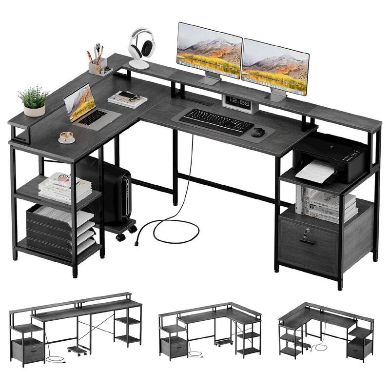 76" L Reversible Shaped Computer Desk with Power Outlet & LED Strip - Grey