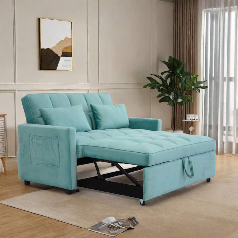 Velvet 3 in 1 Loveseat Sofa Pull Out Sleeper Sofa Bed Adjustable Backrest Tufted Couch with 3 USB Ports 2 Side Pockets
