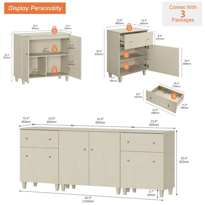 Wood Dresser with 2 Drawers and 3 Cabinets for Bedroom, 83" Wide