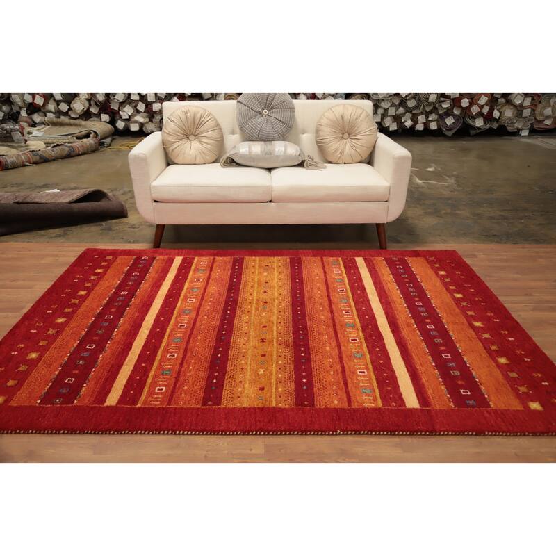 Hand Knotted Oriental 100% Wool Carpet Modern Stripe Oranges & Rust Gabbeh Area Rug - 7' 8'' X 5' 3''