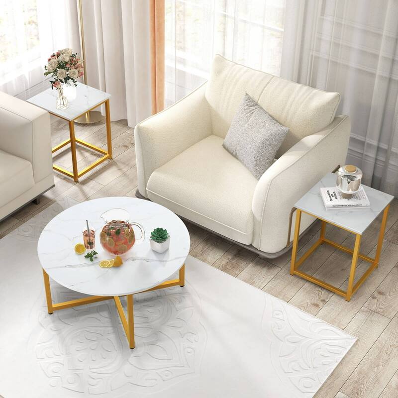 Costway 3 PCS Coffee Table Set Round Coffee Table and 2PCS Square End - See Details