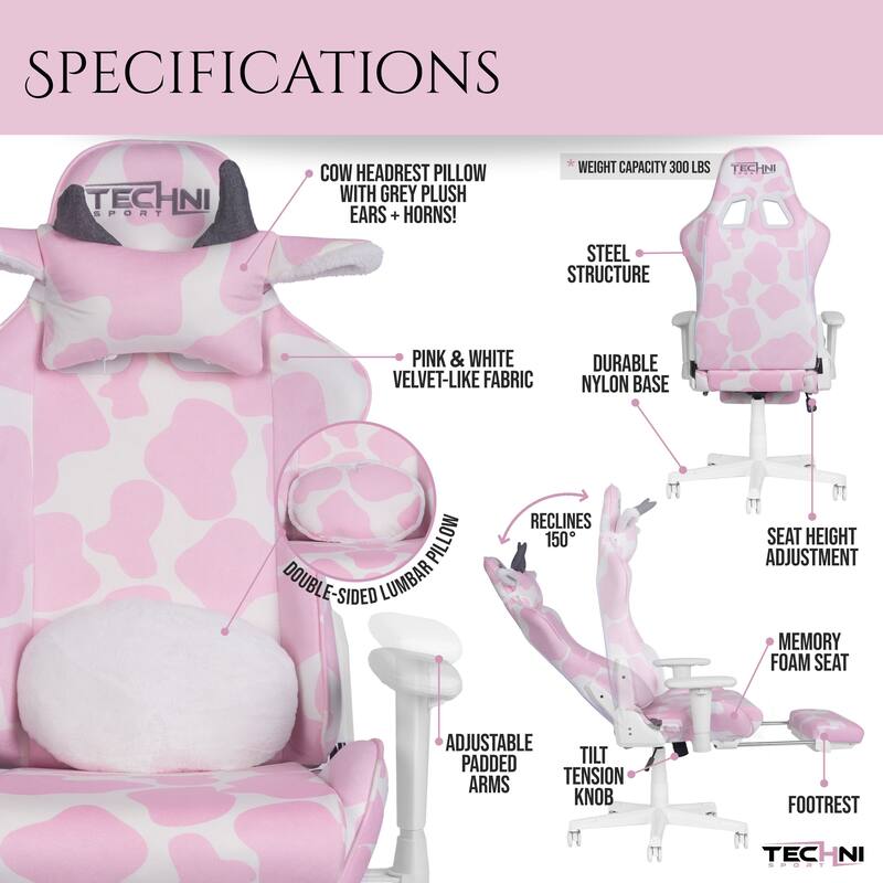 Modern Designs Reclining Pink Cow Print Gaming Chair