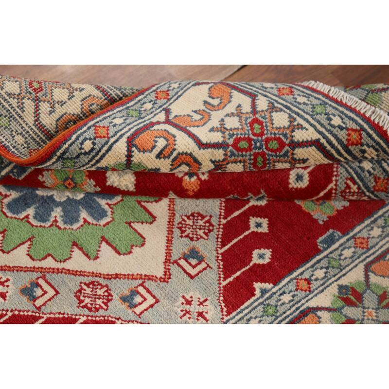 Red Geometric Kazak Accent Rug Hand-Knotted Traditional Wool Carpet - 3'4" x 4'10"