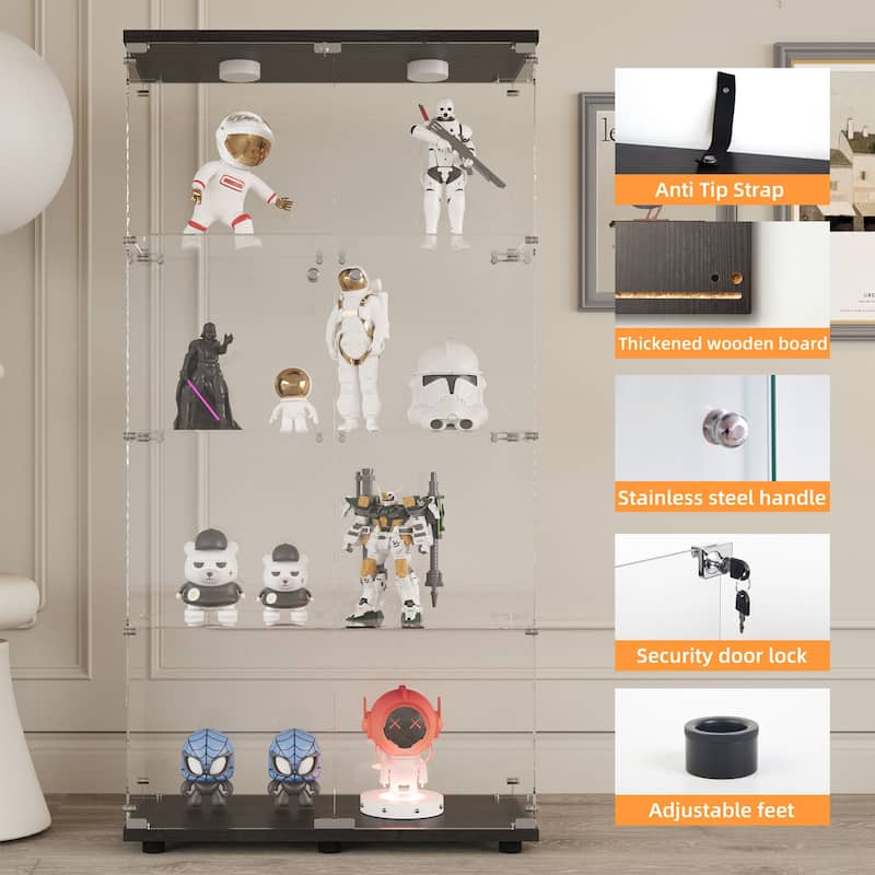 Tempered Glass Display Cabinet with Door Lock, Adjustable Feet and Colorful LED Lights, Wine Storage Curio Cabinet