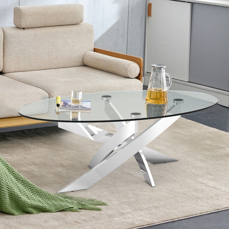 47.3" Modern Tempered Glass Coffee Table with Criss-Cross Legs