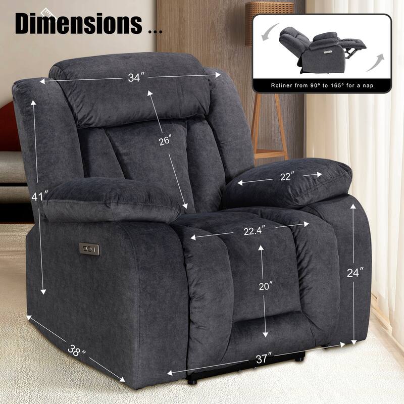 Technology Velvet Power Motion Recliner Chair with USB and Type-C