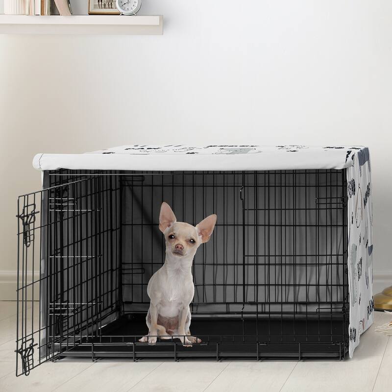 Sweet Jojo Designs Cartoon Puppy Print Dog Crate Kennel Cover 24in. Grey Taupe Blue White Modern Bulldog Wiener Doggy Paw Print