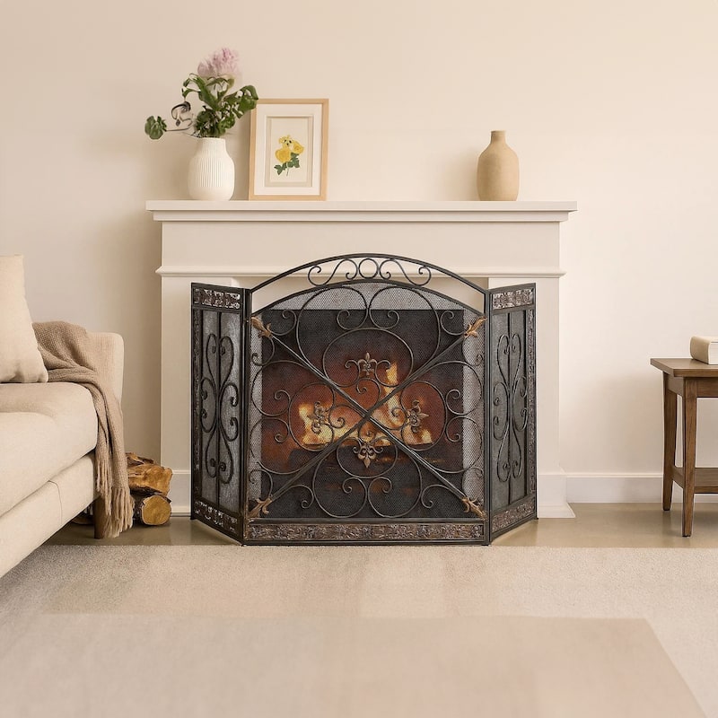 Traditional 3 Panel Metal Fire Screen With Filigree Design, Bronze, Black