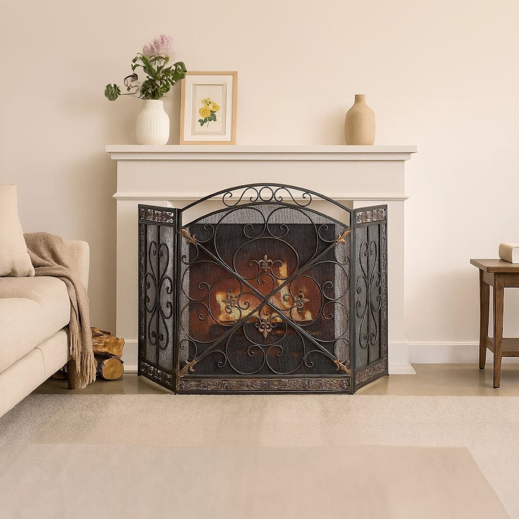 Traditional 3 Panel Metal Fire Screen With Filigree Design, Bronze, Black