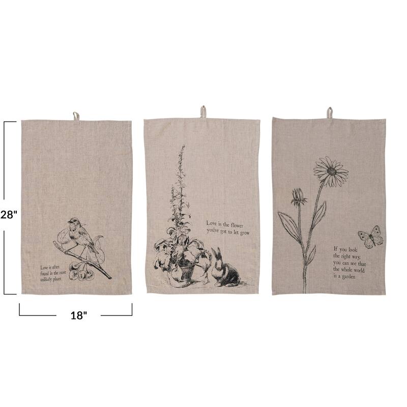 Linen Blend Decorative Tea Towel with Nature and Text Prints - 28.0"L x 18.0"W x 0.1"H