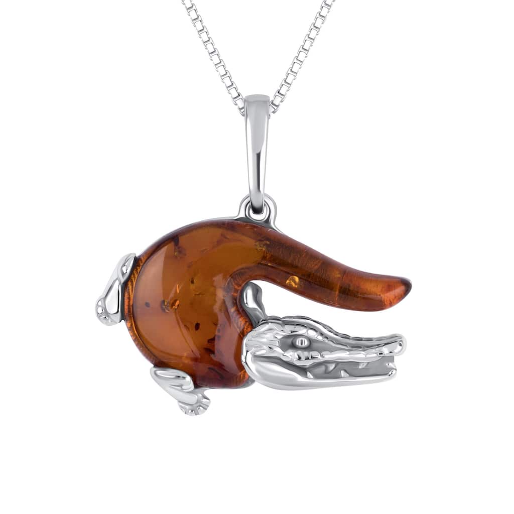 Baltic Amber Alligator Pendant Necklace in Sterling Silver