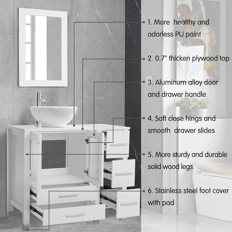 72" Bathroom Vanity Set with Vessel Sink Side Cabinet Combo - white ceramic round sink - White