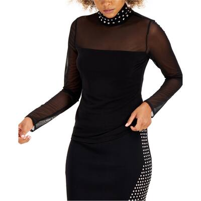 I.N.C Womens Illusion Stud Neckline Embellished T-Shirt,, Black, X-Small