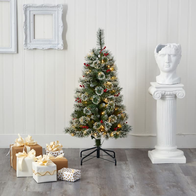4ft Prelit Christmas Tree - Frosted Swiss Pine with Berries & Lights - Holiday Decor - Green - 48