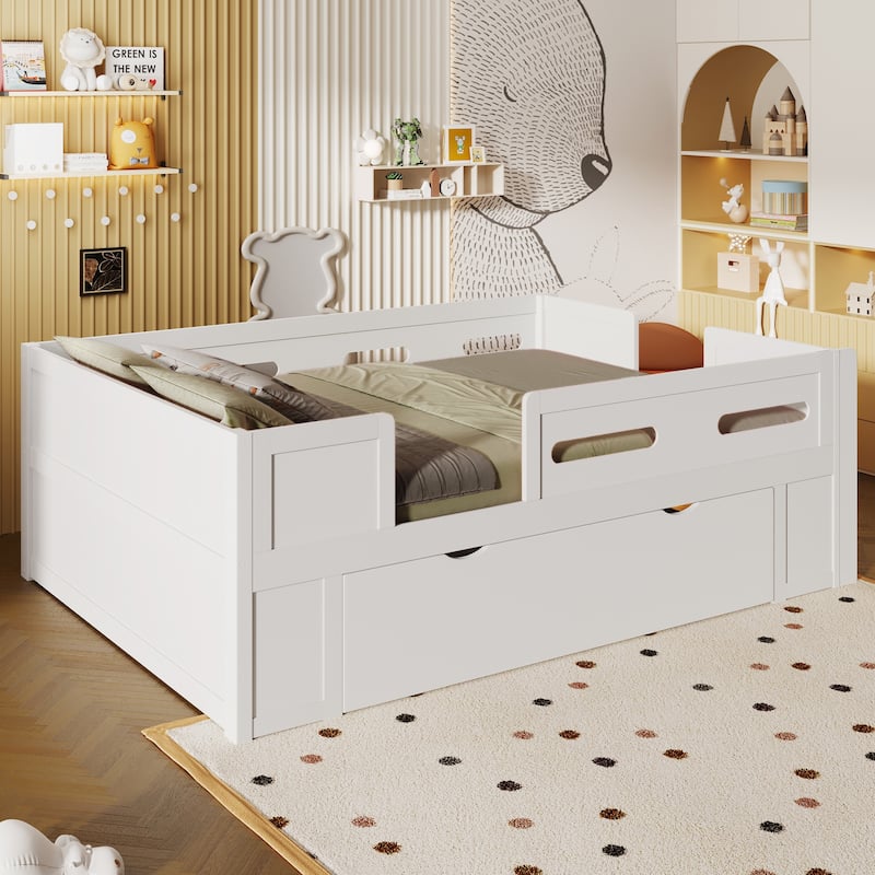 Kids Low Loft Bed with Stairs, Large Drawer and Guardrail, Semi-Enclosed Fence Platform Toddler Bed, Wooden Storage Daybed