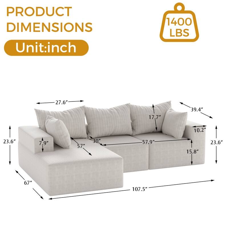 Velvet Sectional Sofa with 5 Pillows Modular L-Shape Sofa