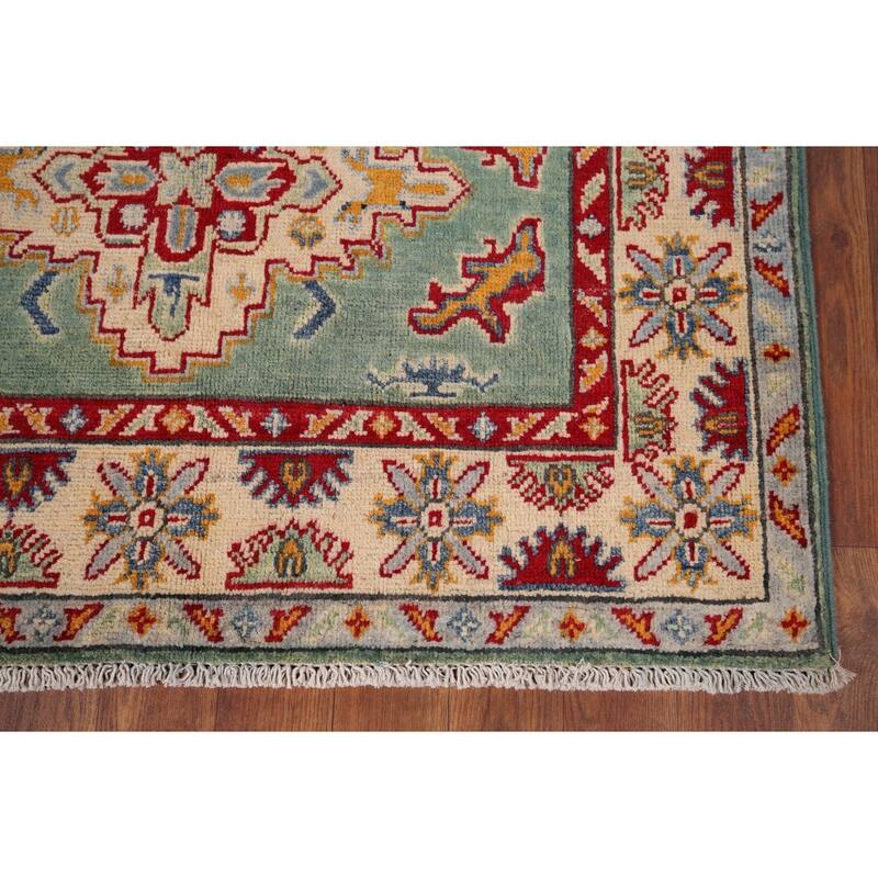 Light Green Kazak Accent Rug Handmade Wool Carpet - 3'5" x 4'11"