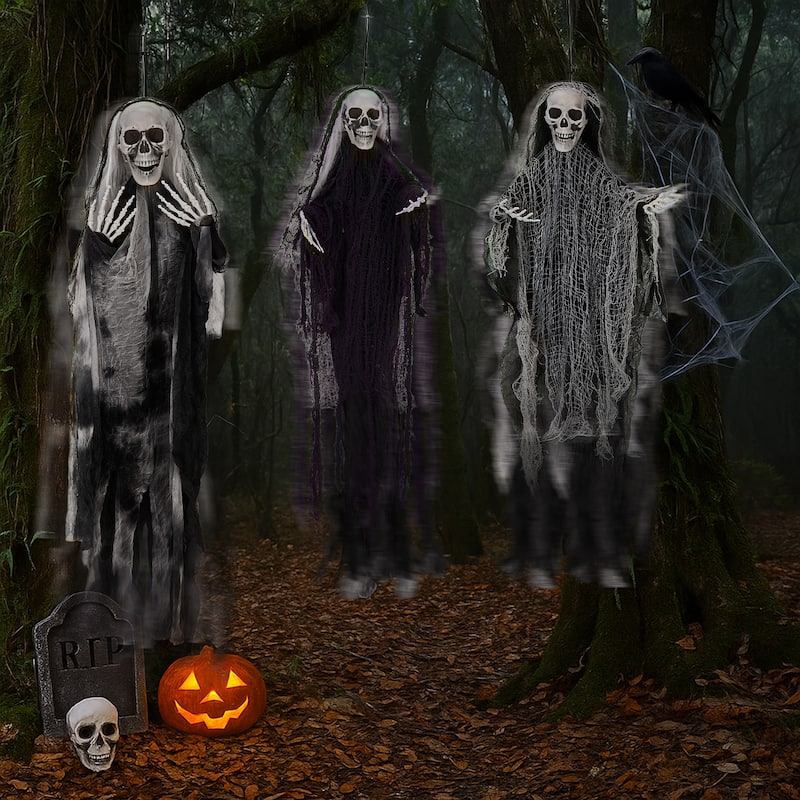 3-Pack Hanging Grim Reaper Decorations with Scary Skull Heads and Tattered Robes for Halloween