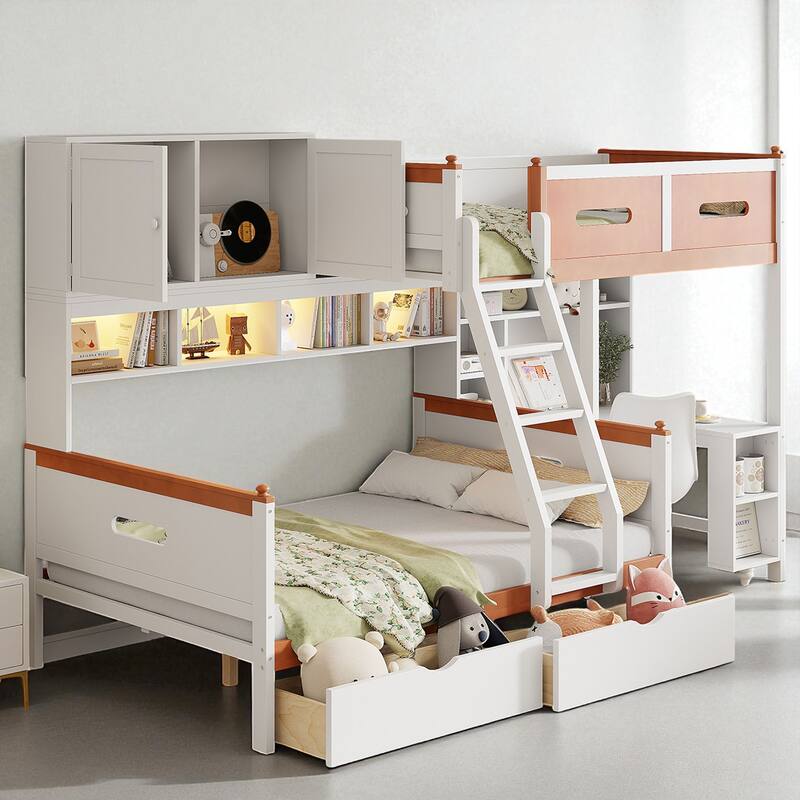 Twin Over Full Wooden Bunk Bed with Desk, Drawers, Shelves, Cabinet & LED Light, White and Orange