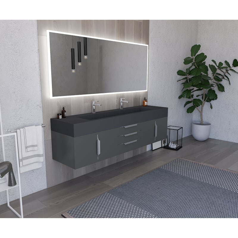 Nile 72" Wall Mounted Bathroom Vanity Set w/ Black Top