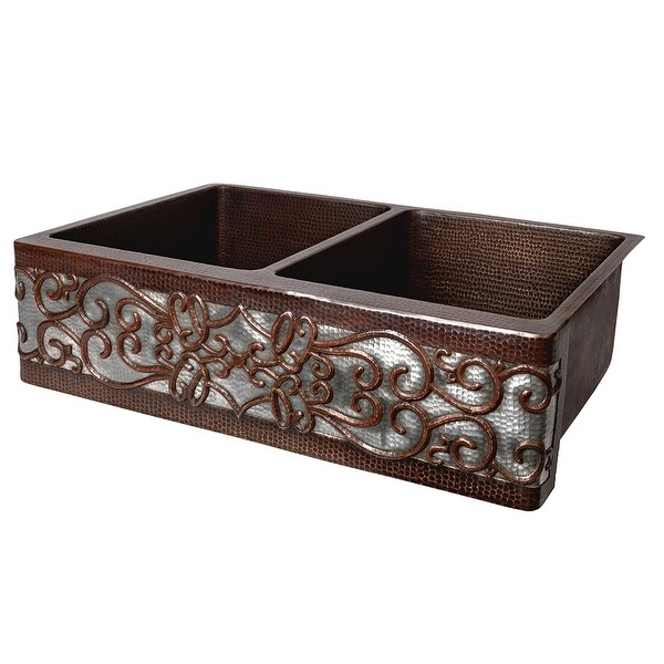 Premier Copper Products KA50DB33229S-NB 33-inch Copper Apron Front 50/50 Double Basin Kitchen Sink w/ Scroll Dsgn Nickel Bkgrnd. Opens flyout.