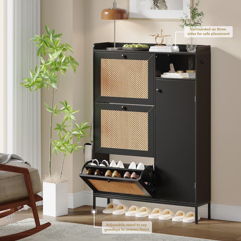 Shoe Cabinet, Natural Rattan Freestanding Shoe Organizer with 3 Flip-out Drawers and 4 Open Shelves Side Cabinet