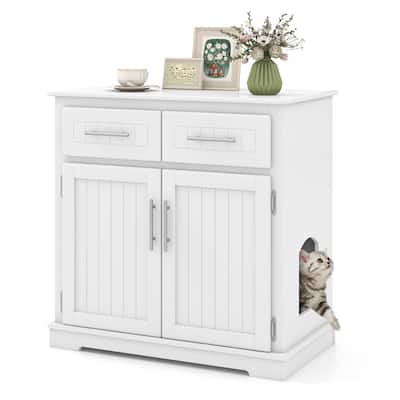 Gymax Cat Litter Box Enclosure w/ 2 Drawers Double Doors Anti-Toppling