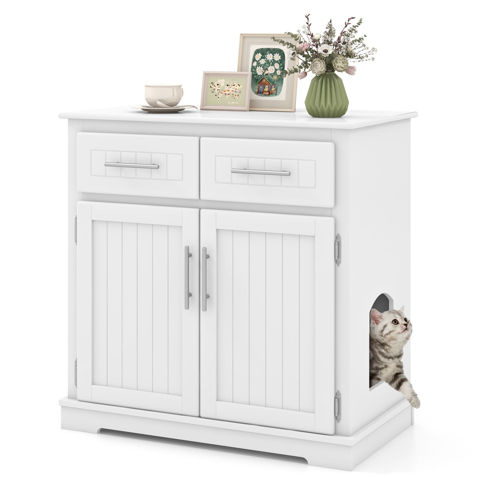 White MDF Cat Litter Box Enclosure with 2 Drawers, Side Entrance and Large Storage Countertop - 32