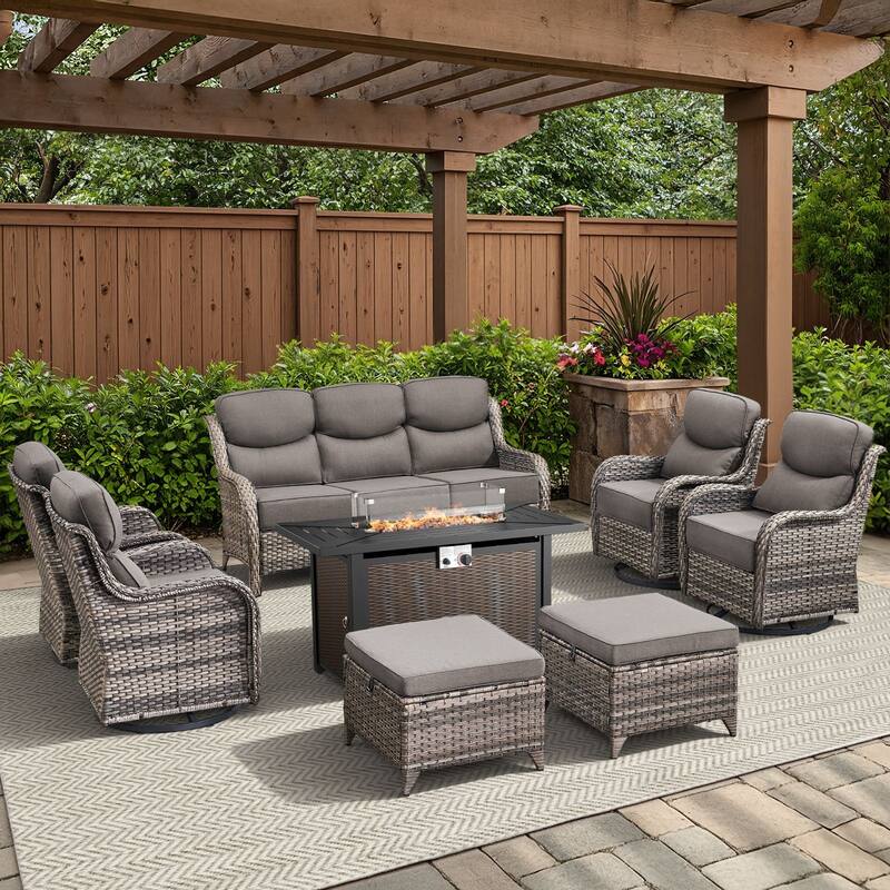 Arcadia 8-Piece PE Wicker Patio Seating Set with Durable All-Iron Fire Pit and 6-Inch Cushions - Gray Cushions - Gray Wicker