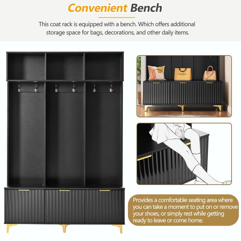 Modern Storage Hall Tree with Bench - Glossy Doors, 6 Gold Hooks