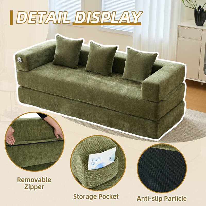 Queen Foldable Sofa Bed, 6-in-1 Convertible Sleeper Sofa with Mattress, Chaise Lounge Loveseat with Removable Cover