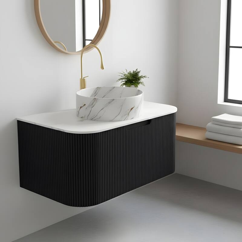 Floating Bathroom with Round Ceramic Basin and Storage Drawer
