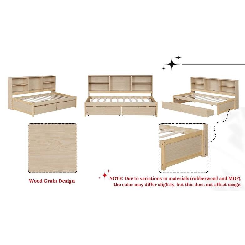 Kids Bookcase Bed Storage Daybed Twin Size Platform Bed with Built-in Convenient Charging Station, Drawers and Shelves