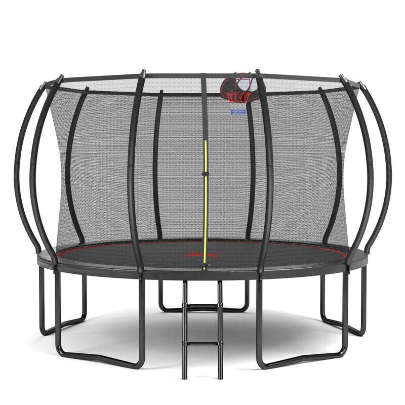12FT Outdoor Trampoline with Safety Enclosure Net Basketball Hoop and Ladder - Red/Black